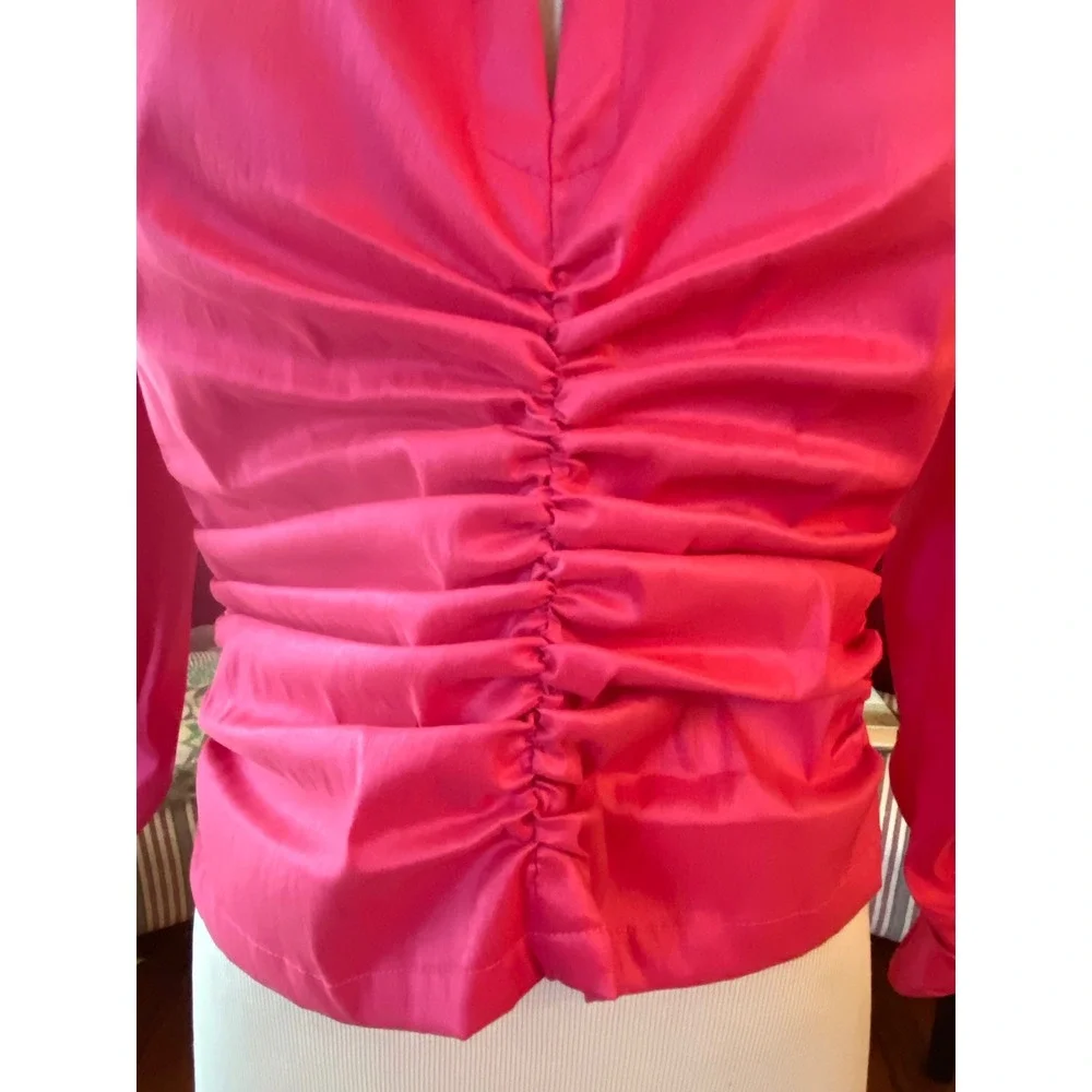 Tadashi Shoji Hot Pink Ruched V-Neck Blouse Long Sleeve formal top size 8 - Picture 3 of 8